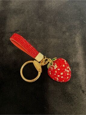 Red Crystal Strawberry Keychain Wristlet with Gold Hardware